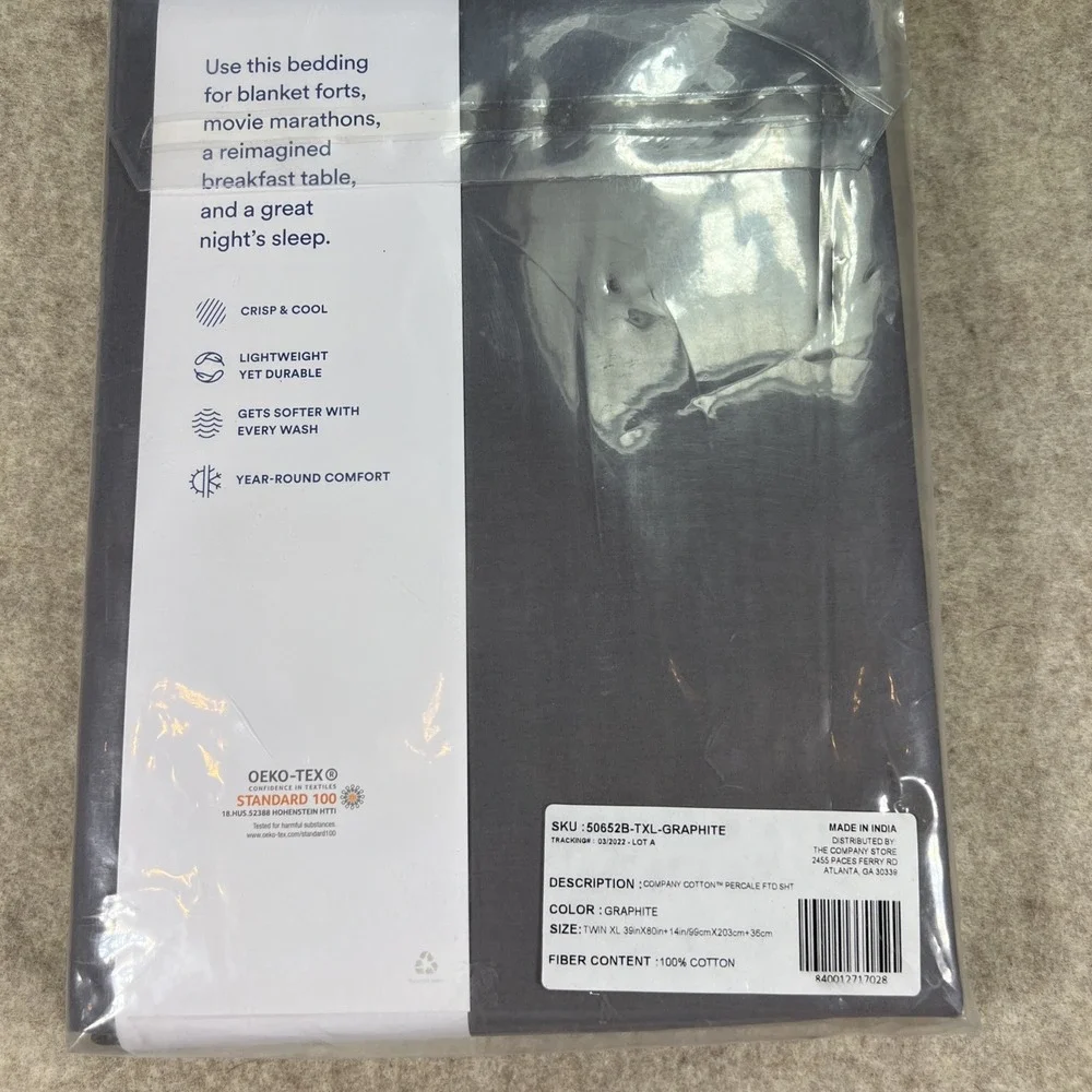 Twin XL Fitted Sheet GRAPHITE The Company Store 100% Cotton Percale NEW in PKG